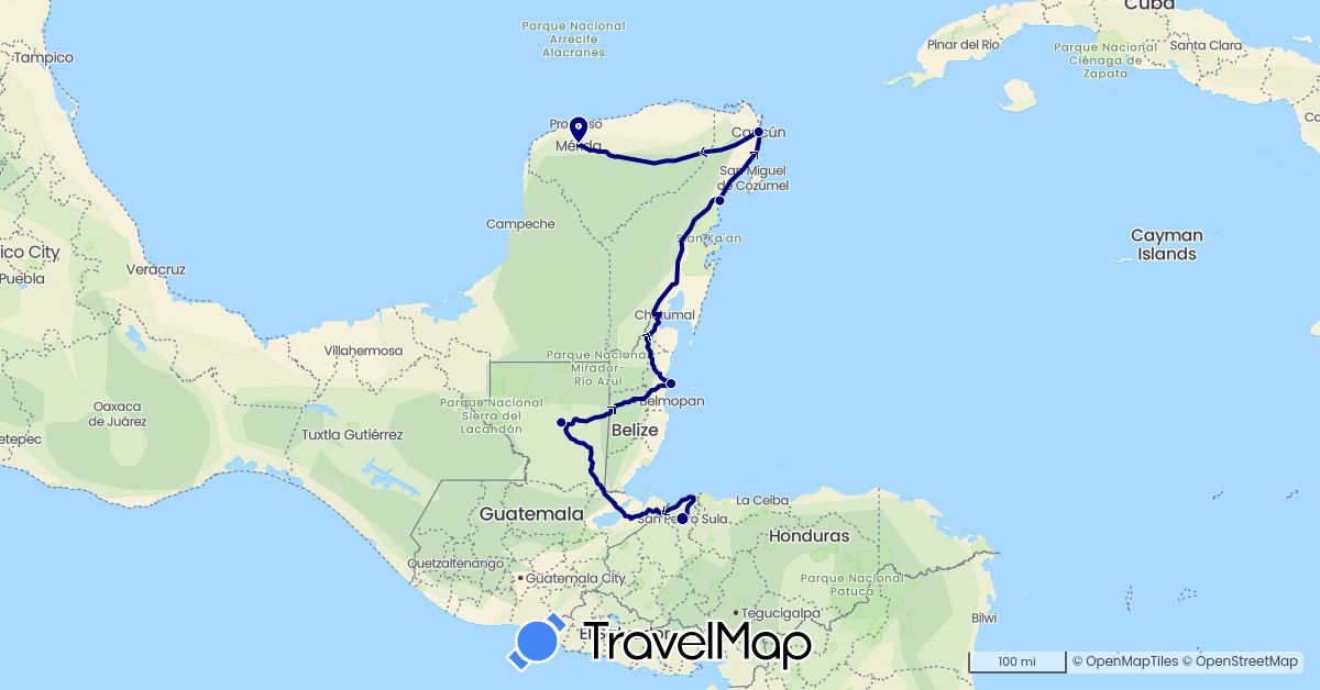 TravelMap itinerary: driving in Belize, Guatemala, Honduras, Mexico (North America)