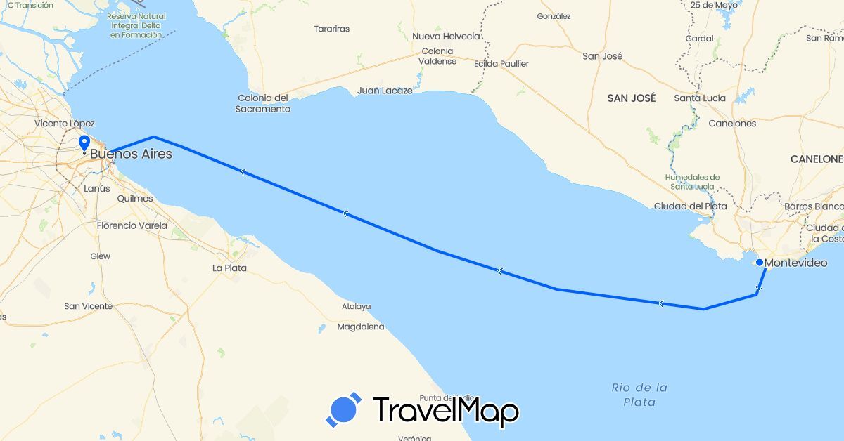 TravelMap itinerary: driving, ship/ferry in Argentina, Uruguay (South America)