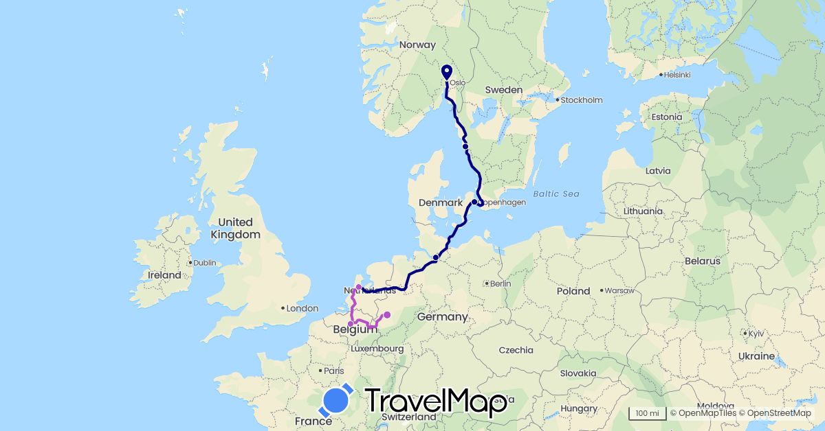 TravelMap itinerary: driving, train in Belgium, Germany, Denmark, Netherlands, Norway, Sweden (Europe)