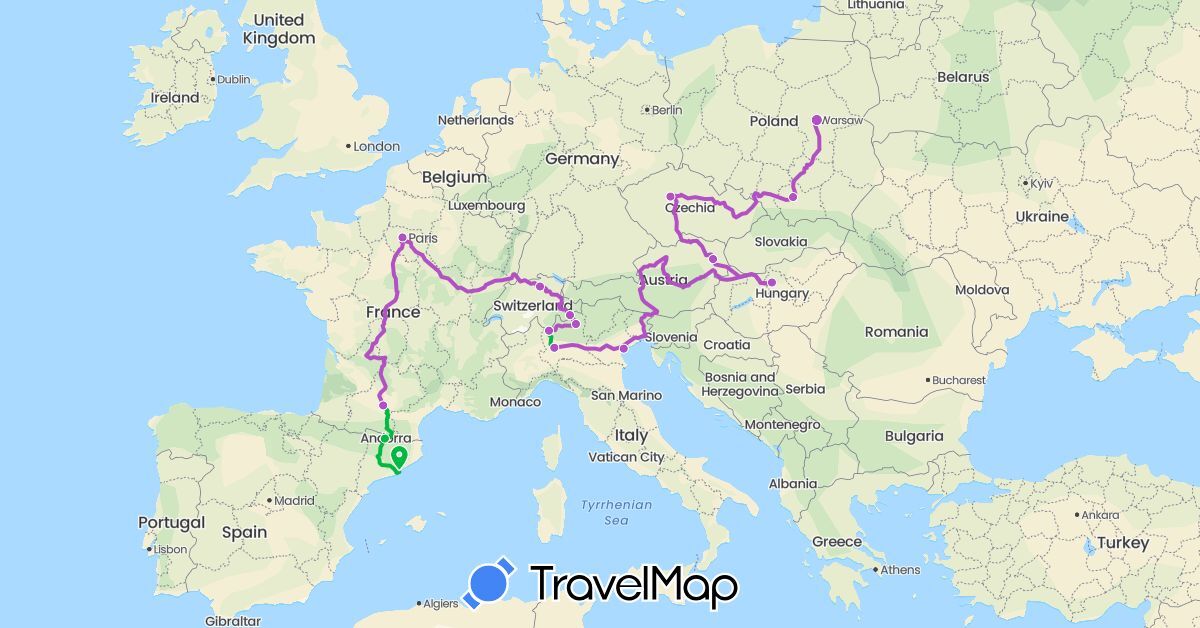 TravelMap itinerary: driving, bus, train in Andorra, Austria, Switzerland, Czech Republic, Spain, France, Hungary, Italy, Poland (Europe)