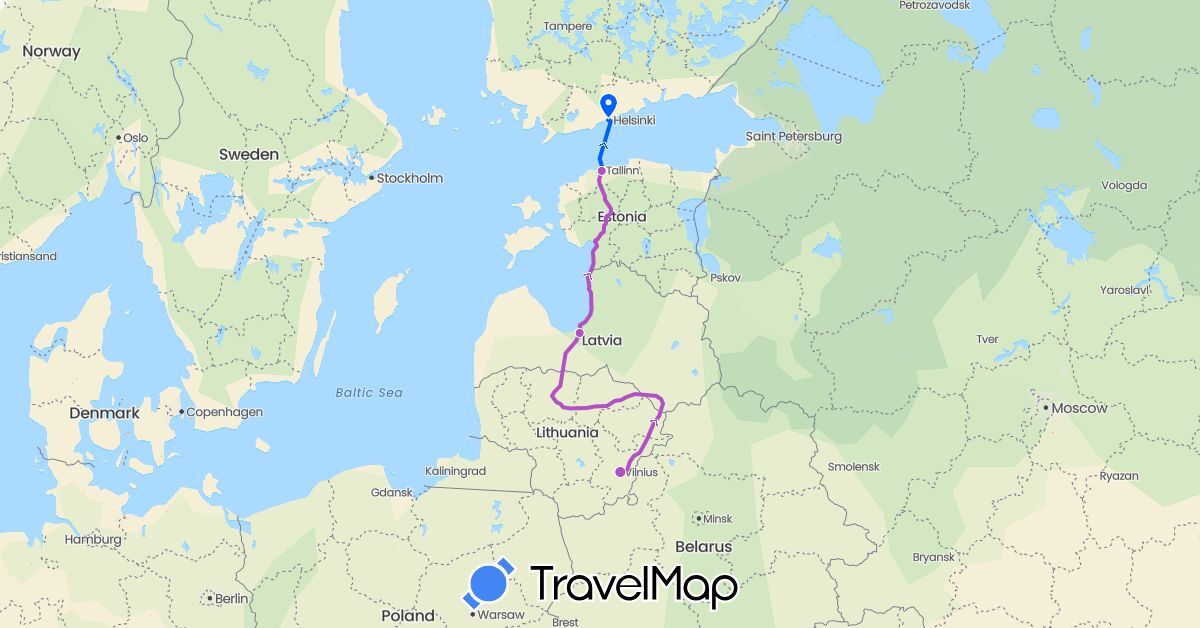 TravelMap itinerary: driving, train, ship/ferry in Estonia, Lithuania, Latvia (Europe)